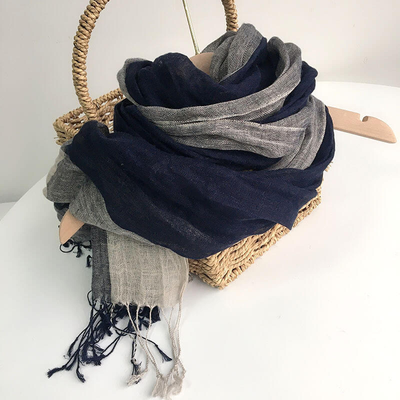 Fall Fashion Navy Blue Linen Scarf Breathable Tassel Shawl in Navy Blue ...