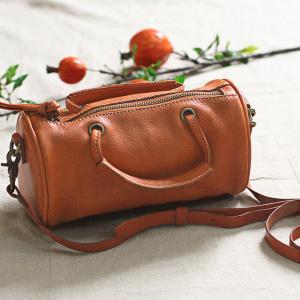 Cowhide Leather Handmade Barrel Purse in Dark Coffee Dark Red