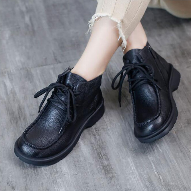 Lace-Up Low Heel Leather Boots Women Desert Boots in Black Dark Coffee ...