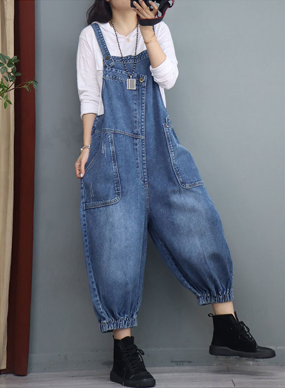 Designer Patchwork Fluffy Overalls Casual Stone Wash Dungarees in Black ...