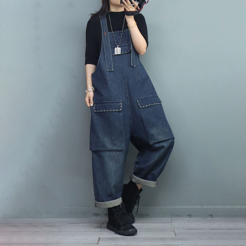 Rivet Pockets 90s Overalls Women Baggy Stone Wash Dungarees in Blue ...