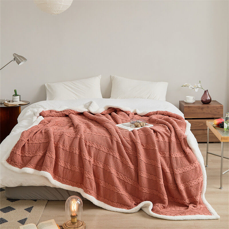 Cable Knit Cotton Winter Throw Warm Fluffy Blankets in Grapefruit Pink ...