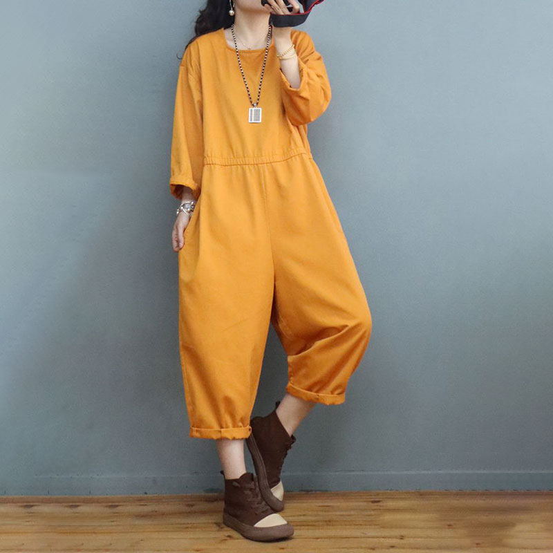 Pure Colors Cotton Jumpsuits Long Sleeves Cropped Jumpsuits in Yellow ...