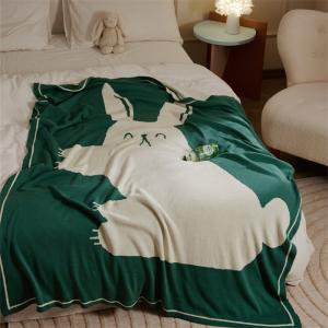 Cartoon Bunny Cotton Blanket Cozy Full Size Blanket in Dark Green