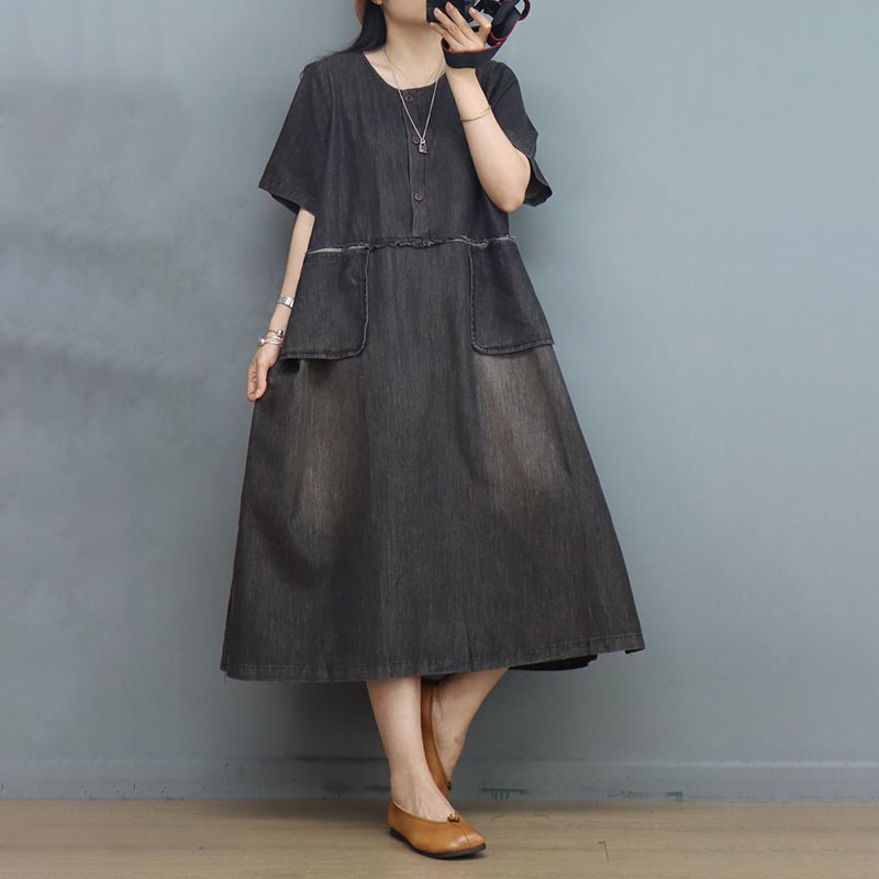 Empire Waist Soft Denim Dress Stone Wash Swing Dress in Blue Black One ...