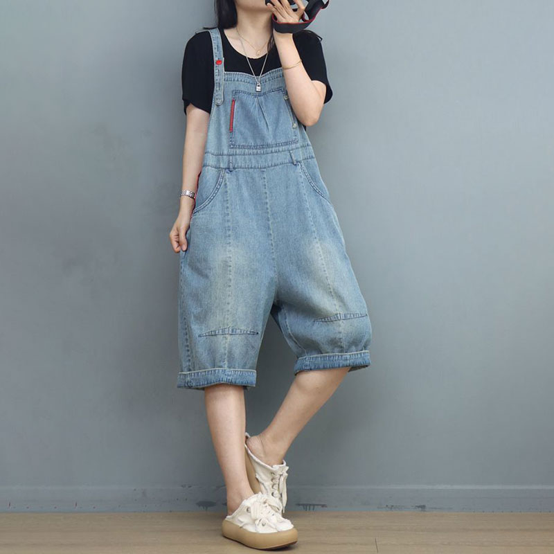 Preppy Style Light Wash Overalls Casual Cropped Bib Overalls in Light ...