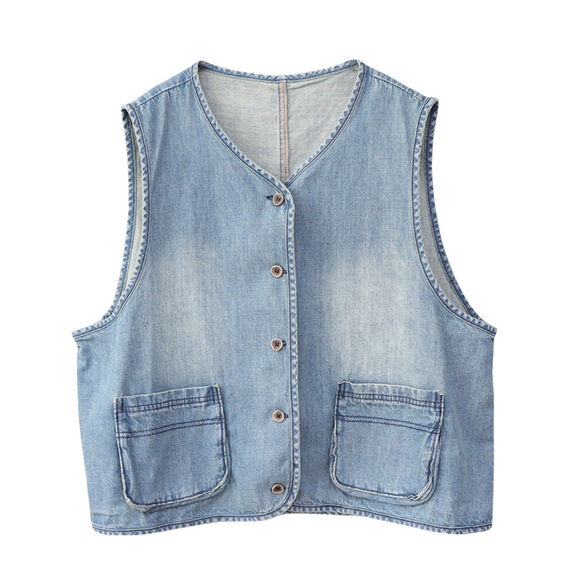 Light Wash Denim Vest Single-Breasted Waistcoat in Light Blue One Size ...