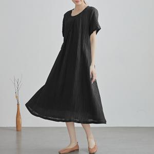 Crew Neck Short Sleeves Ramie Loose Shift Dress