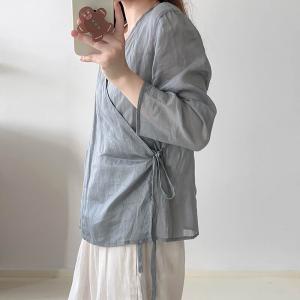 V-Neck Long Sleeves Gray Tied Wrap Blouse