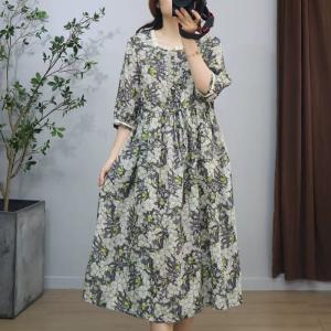 Lace Square Collar Tied Waist Ramie Floral Dress