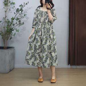 Lace Square Collar Tied Waist Ramie Floral Dress