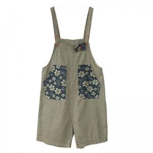 Flowers Pockets Pinstriped Wide Leg Overall Shorts
