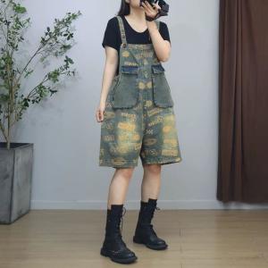 Yellow Letters Prints Wide Leg Overall Shorts