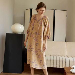 Puff Sleeves Loose Flowers Cotton Night Dress