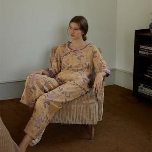 Qipao-Like Lily Flowers Cotton Long Pajamas Sets