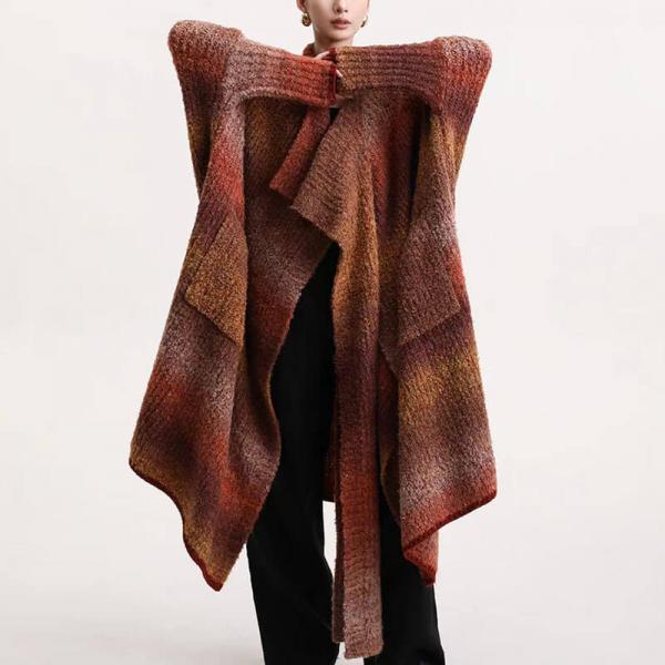 Oversized Waterfall Knitting Designer Wrap Coat in Reddish Orange One Size Morimiss